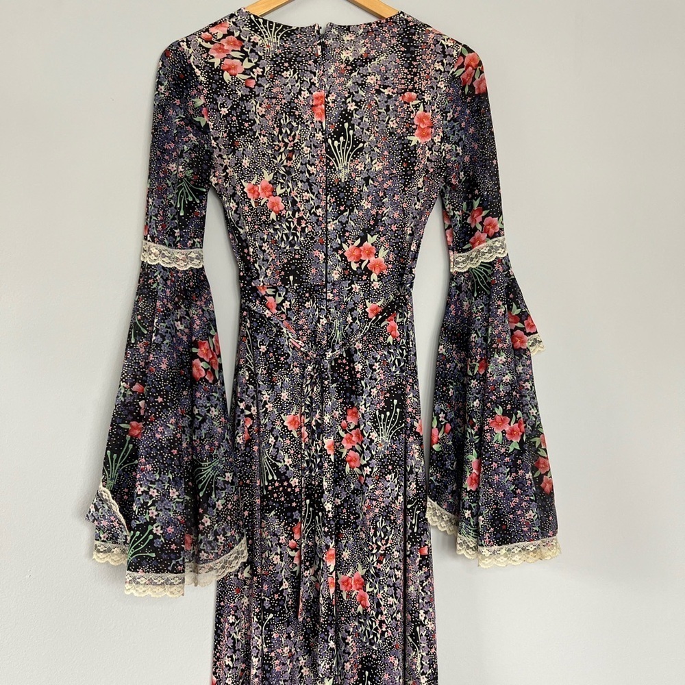 Vintage 70s Cottagecore Lace Bell Sleeve Floral Hippie Maxi Dress Size 10 - Picture 10 of 13